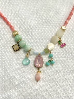 New! Pink Beaded Pendant Necklace with Pastel Gem Accents